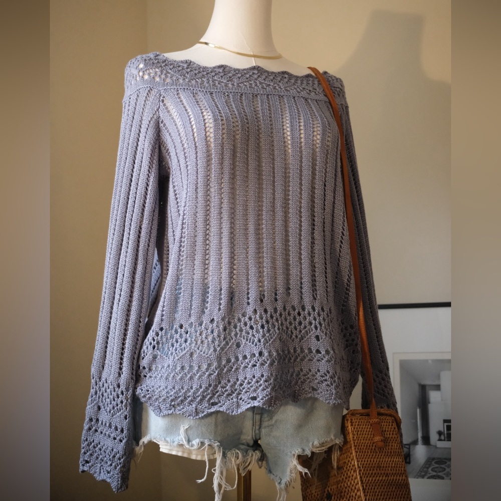 Blue Off-the-Shoulder Sweater with Ribbed Texture